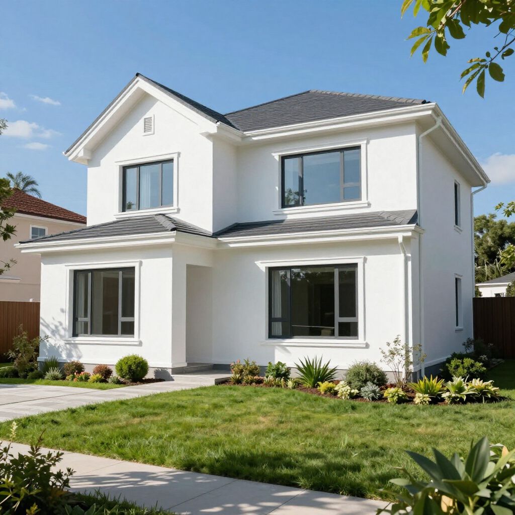 White two-story house with black-framed windows, gray roof, and green lawn on a sunny day.