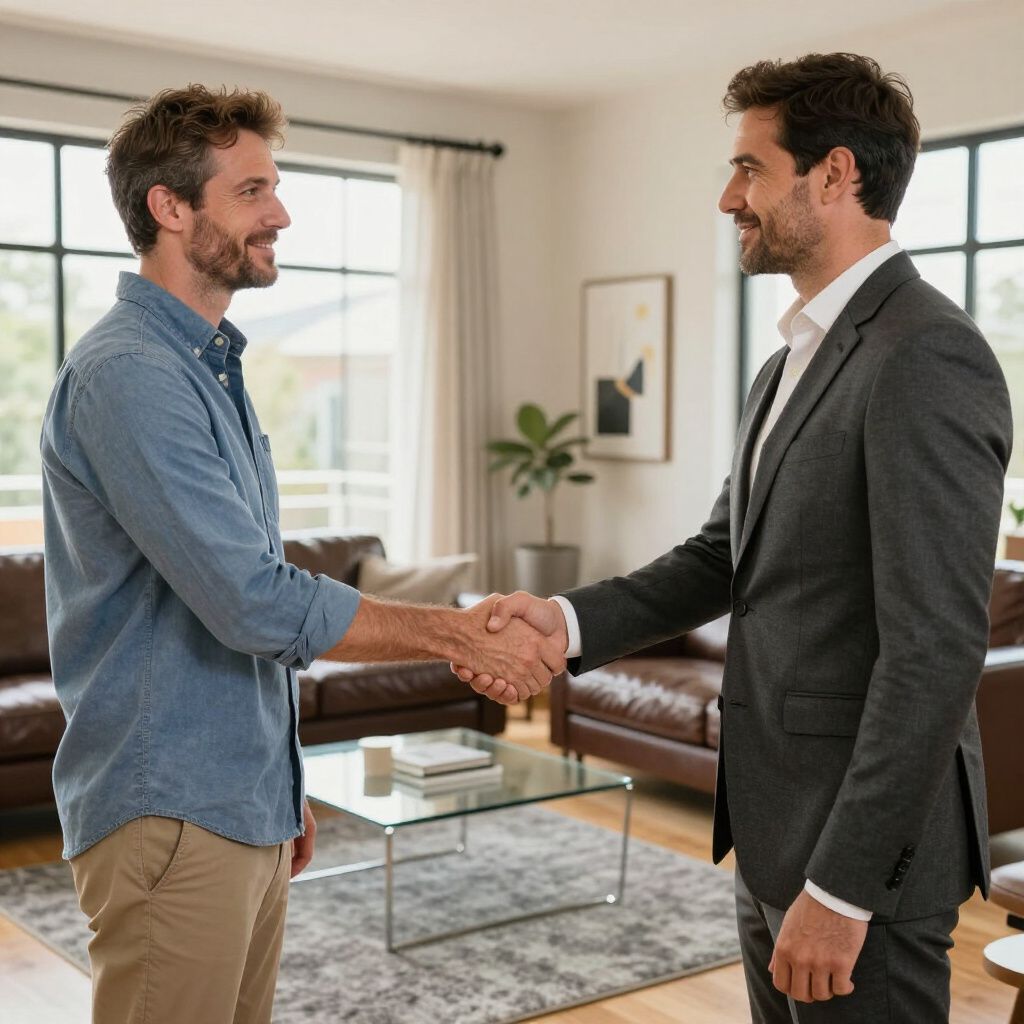Two men shaking hands in a living room, one in a suit, the other in casual clothes, smiling.