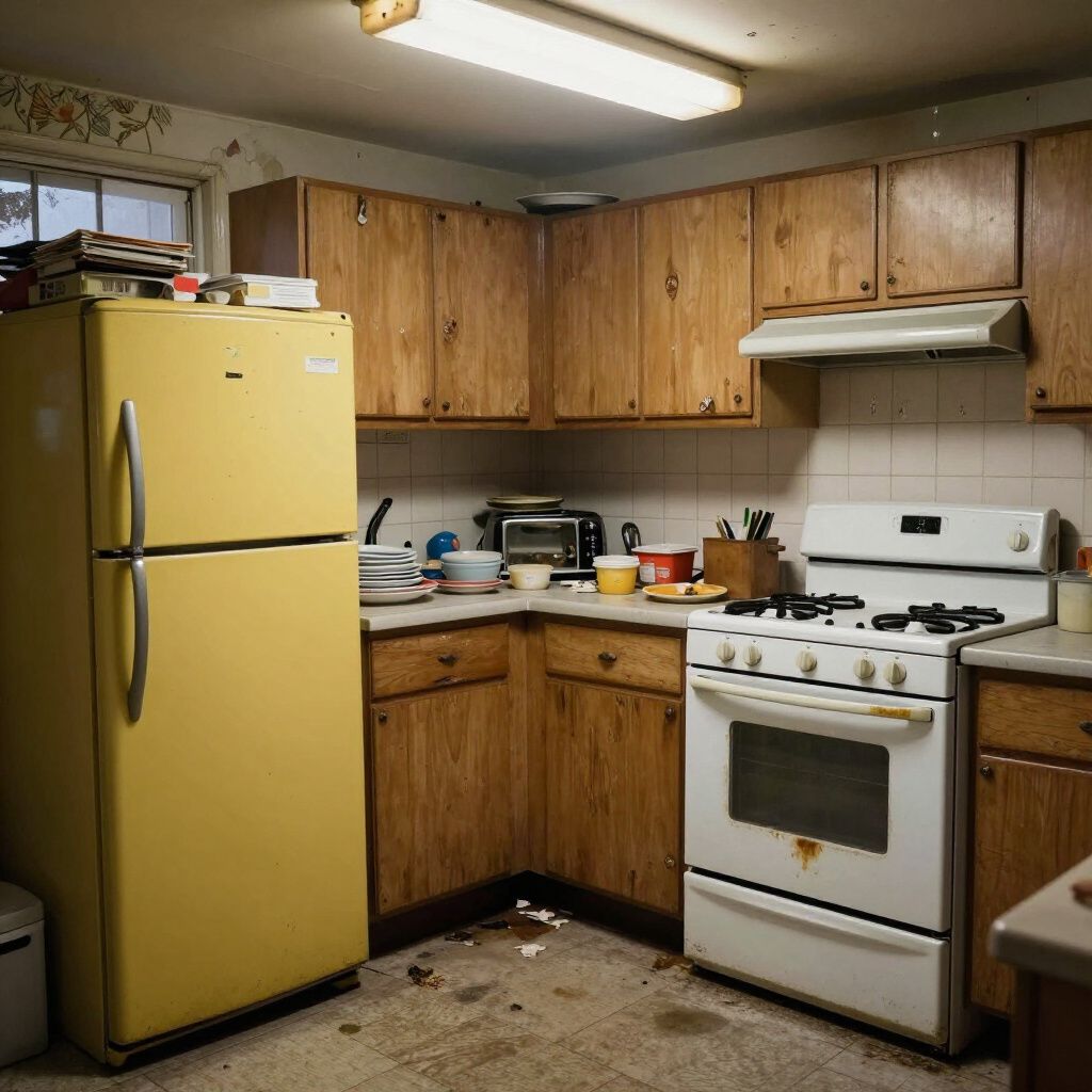 A messy kitchen with yellow refrigerator, wooden cabinets, and white stove.