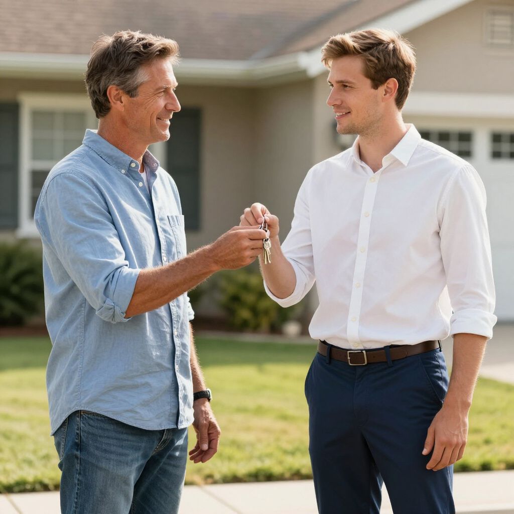 Man handing keys to another man in front of a house.