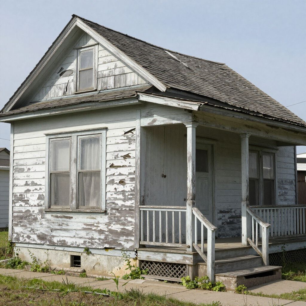 Weathered, white clapboard house with porch, aged roof, and peeling paint; exterior shot.