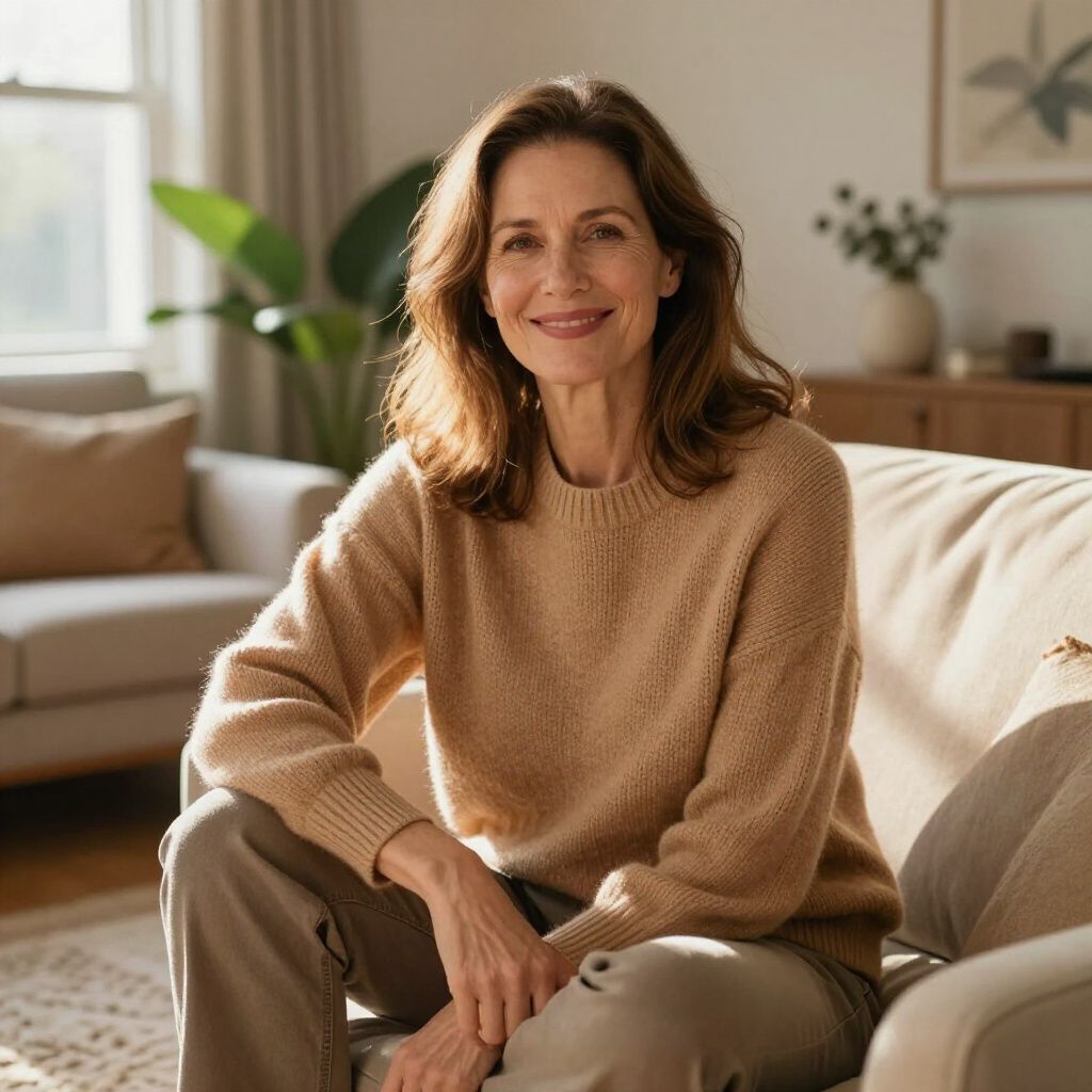 Woman smiling, seated on a beige couch in a sunlit living room; wearing a tan sweater and pants.