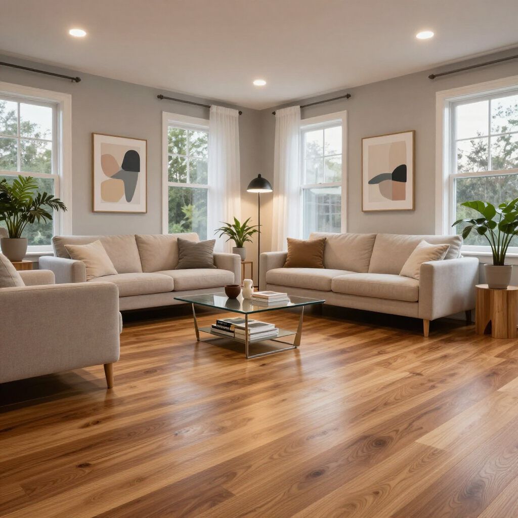Living room with wood floors, beige sofas, framed art, and plants near windows.