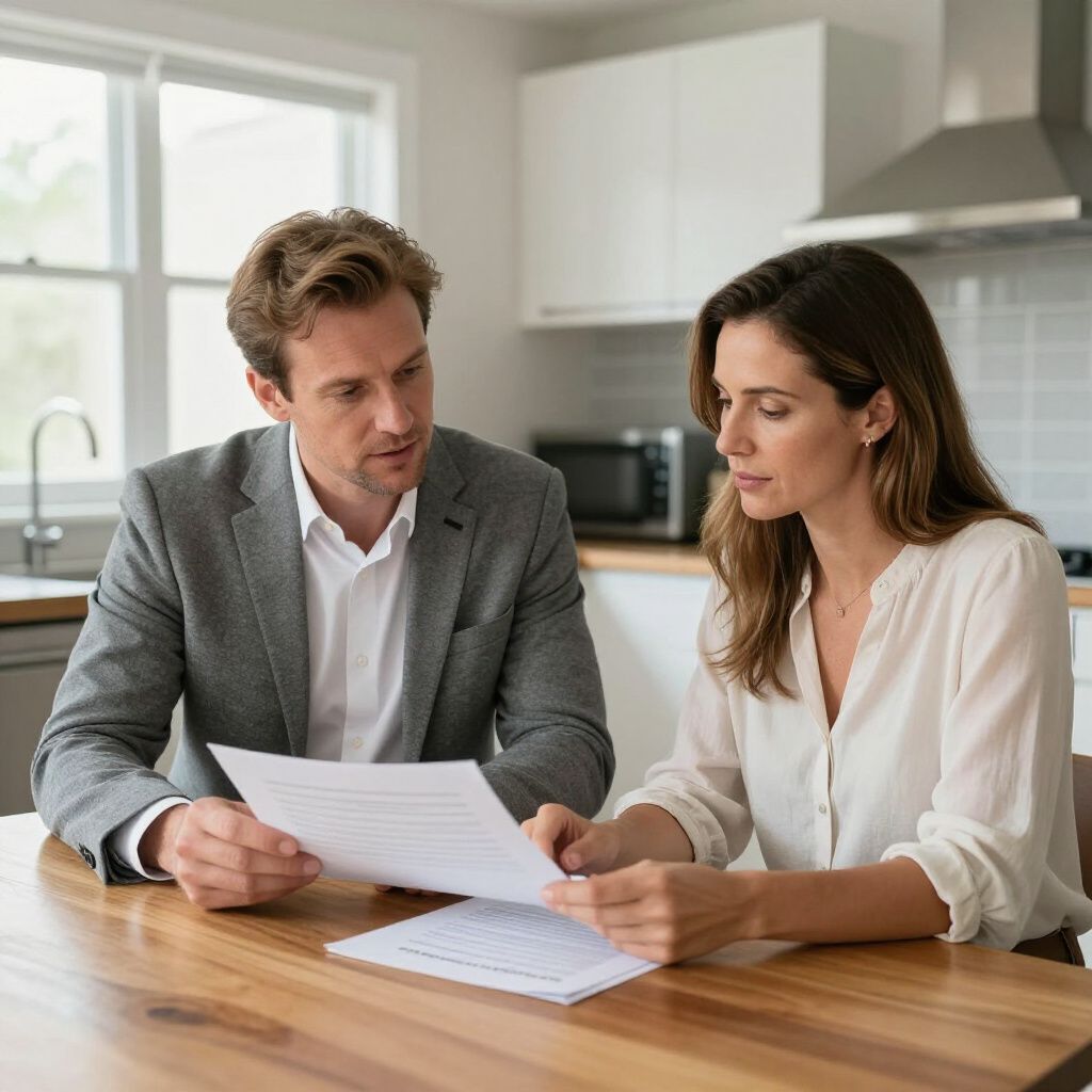 Man and woman reviewing documents at a table in a kitchen.