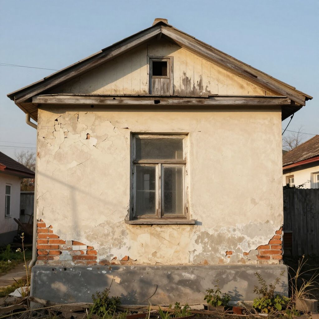Weathered, small house with a peaked roof, a window, and peeling stucco.