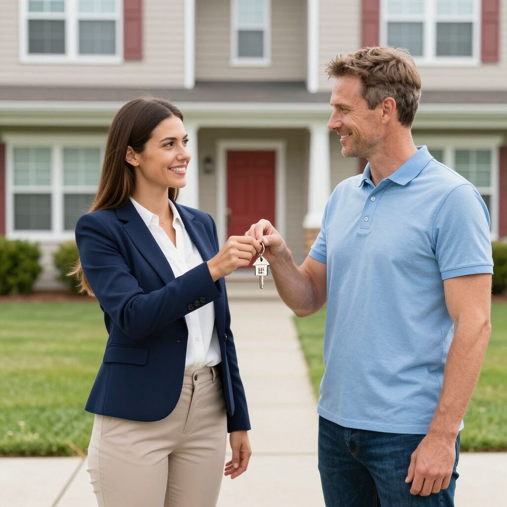 Realtor hands house keys to a man in front of a home.