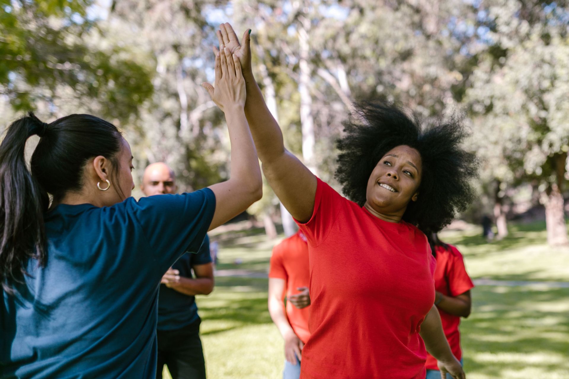 Two people high-five outdoors on a sunny lawn, one in a blue shirt and one in a red shirt.