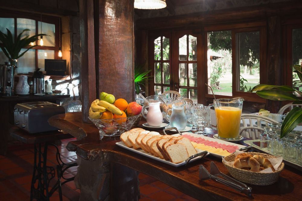 El desayuno servido sobre una mesa en una habitación acogedora, con pan, fruta, vasos y zumo de naranja junto a una ventana.