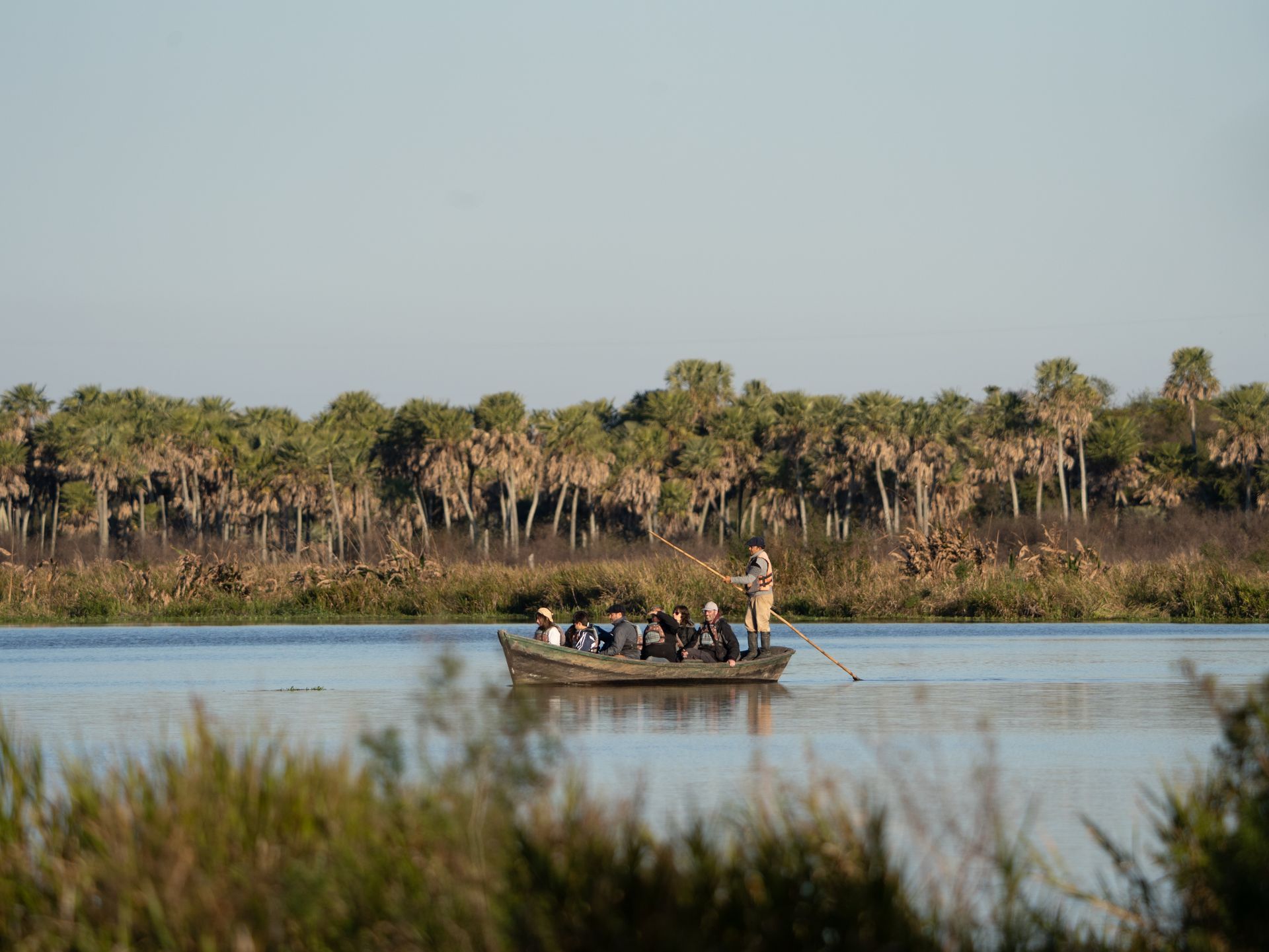Una pequeña embarcación con varias personas a bordo navega por un río tranquilo, con palmeras y marismas de fondo, bajo un cielo despejado.