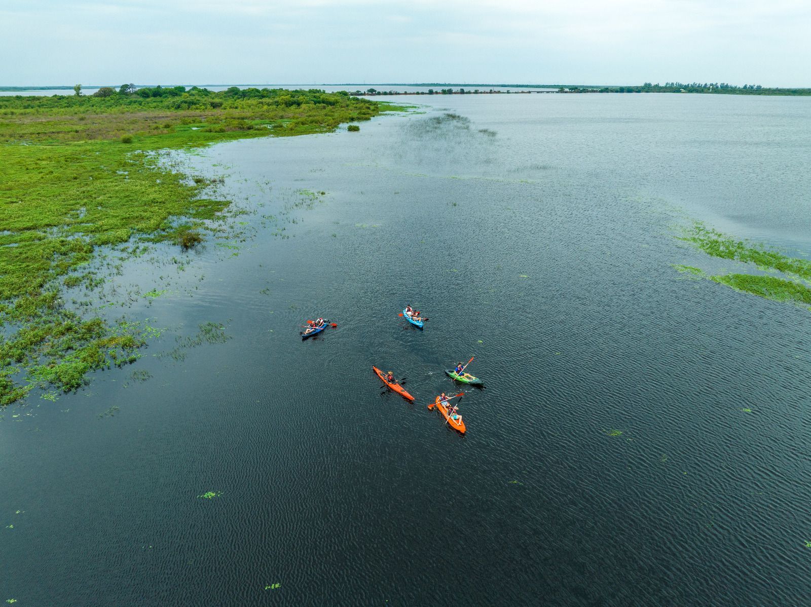 Pequeñas embarcaciones en un ancho río verde azulado junto a una zona pantanosa bajo un cielo nublado.