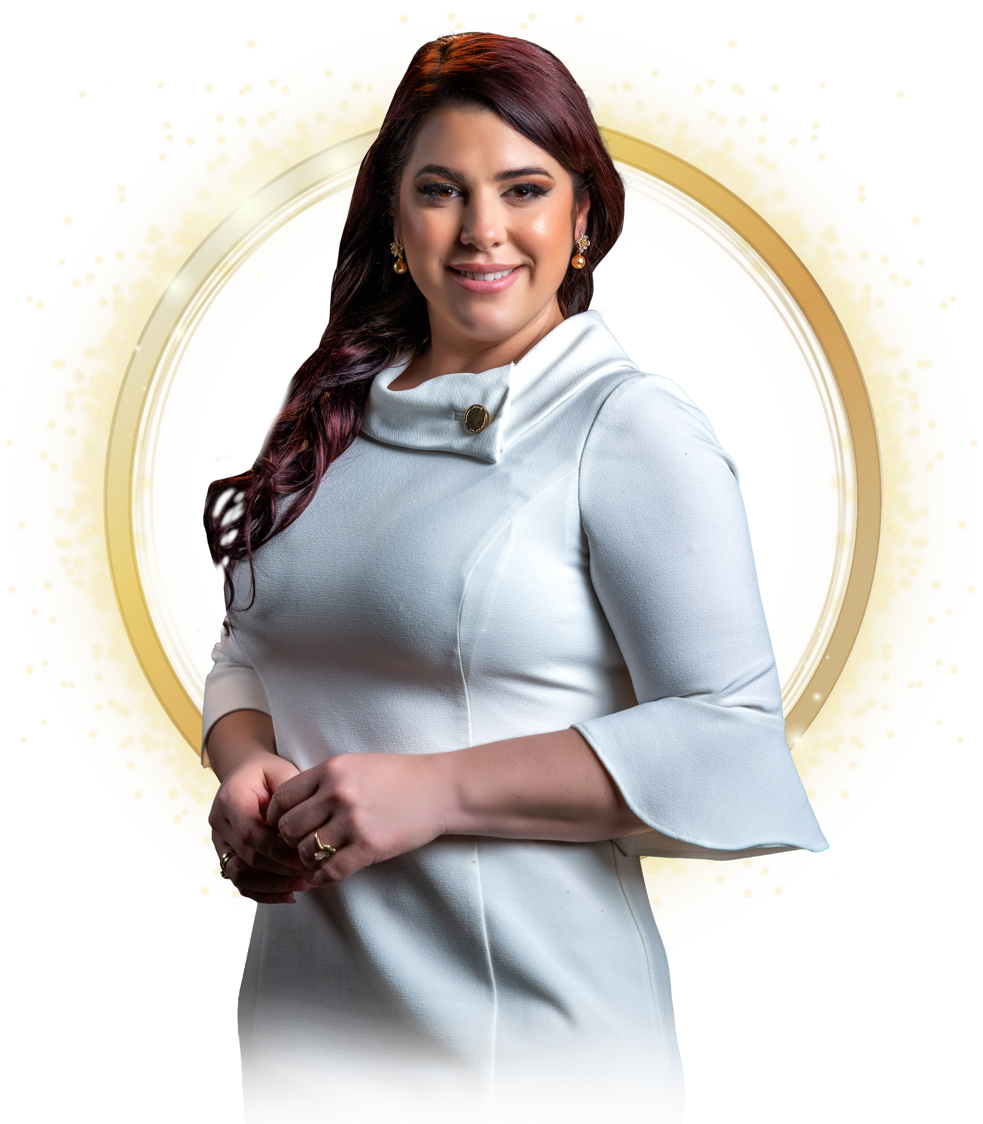 A woman in a white dress is standing in a circle.