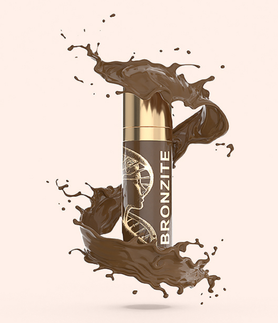 A bottle of bronzite with a splash of brown liquid coming out of it.