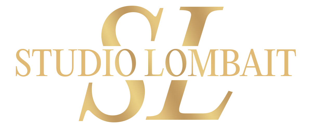 A gold logo for studio lombait on a white background.