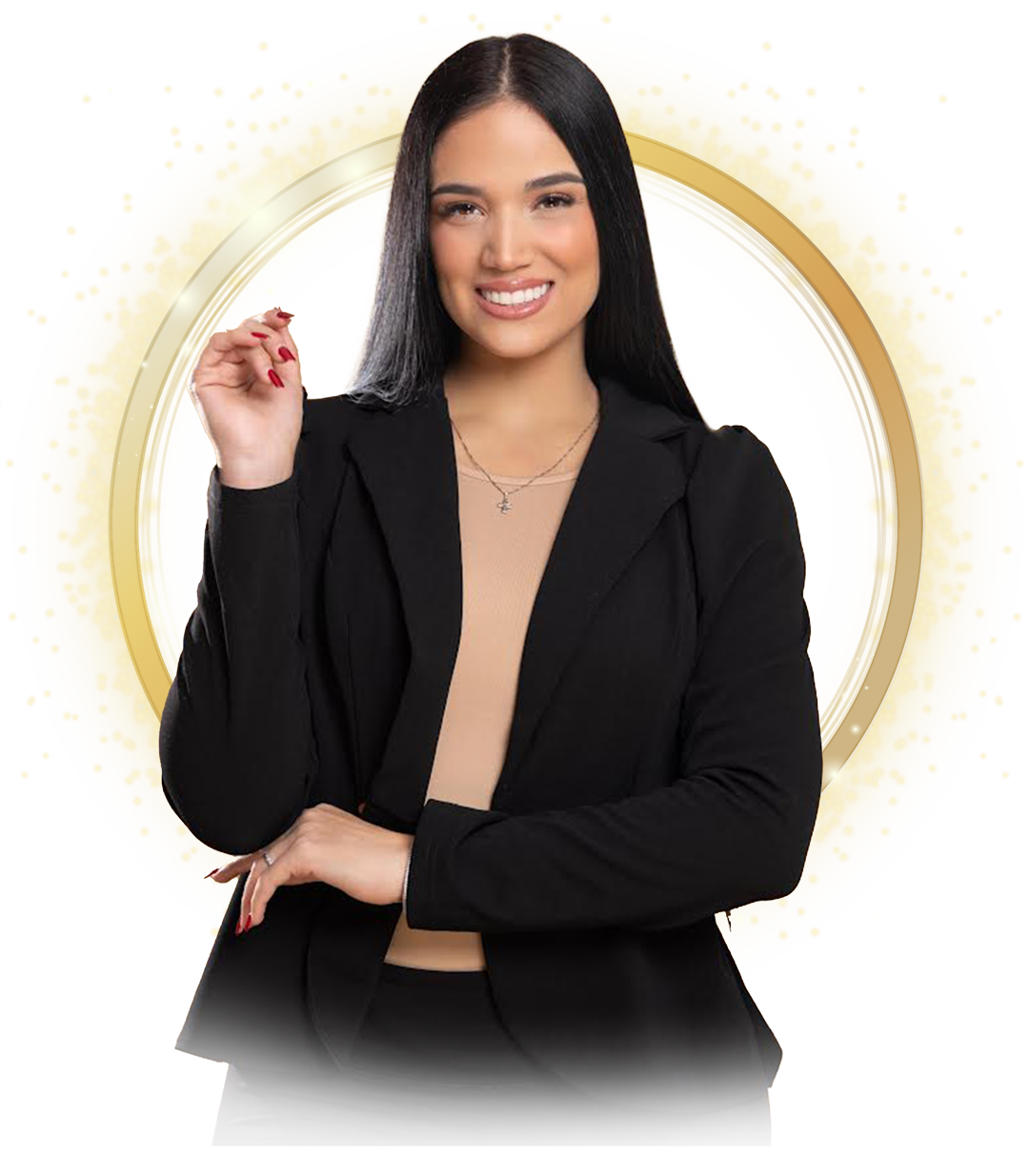 A woman is wearing a black jacket and smiling.