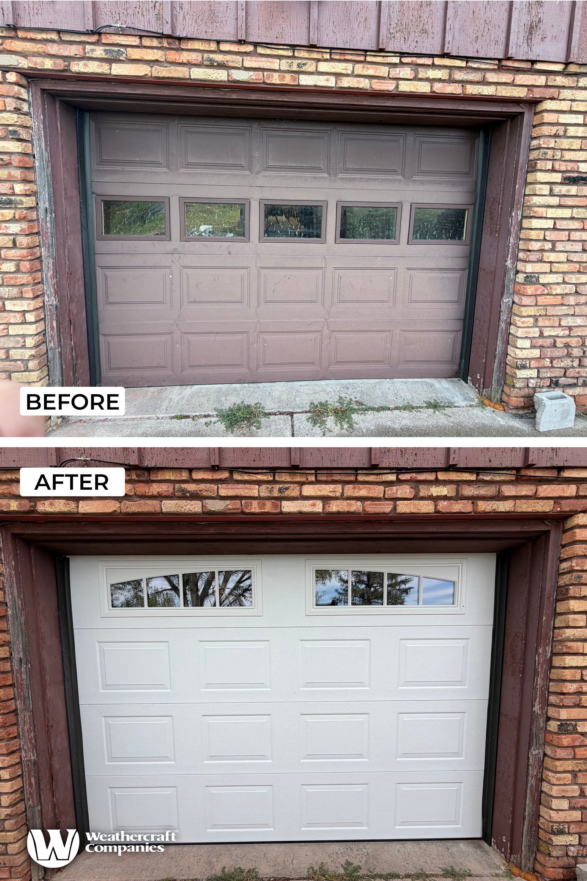 Before-and-after of a garage door: dark brown before, white after, on a brick house.