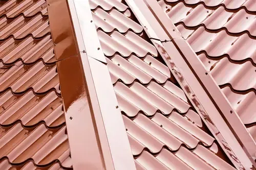 Metal Shingles A close up of a roof with a lot of tiles on it