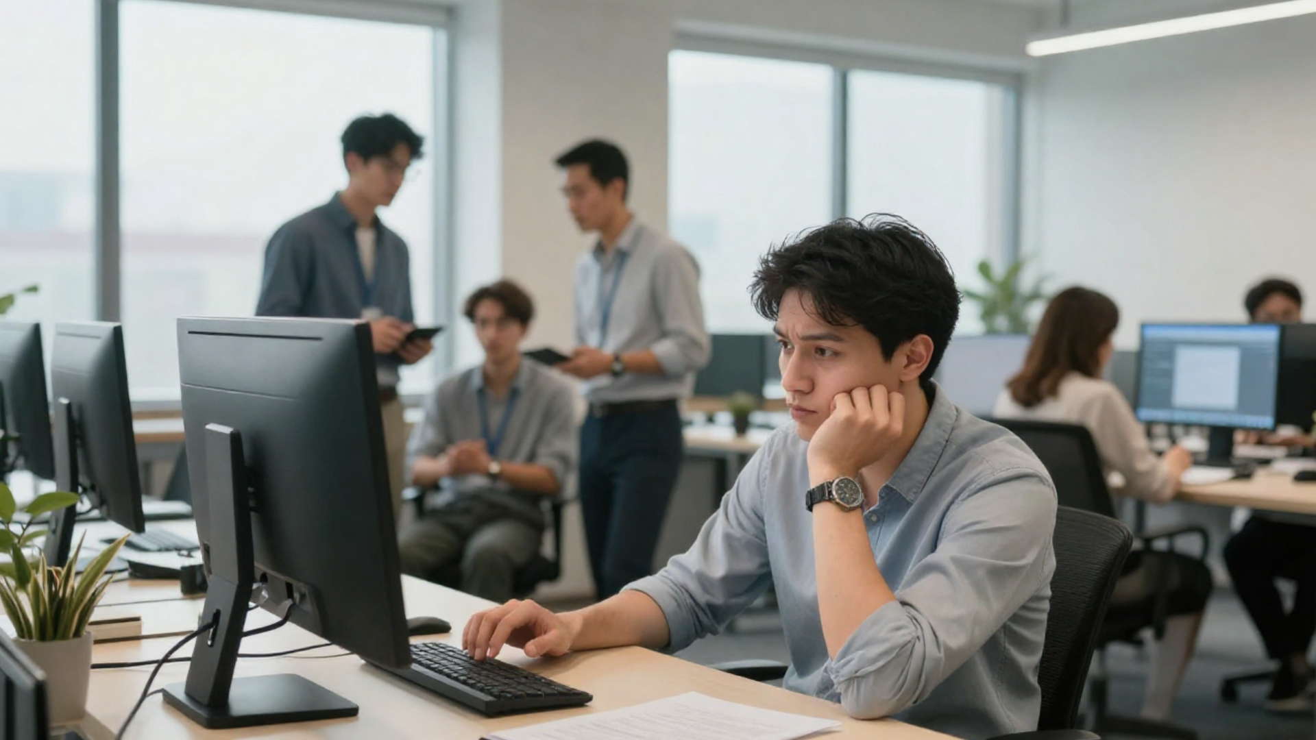 Employee sitting alone at a desk looking disengaged while colleagues work together in the background