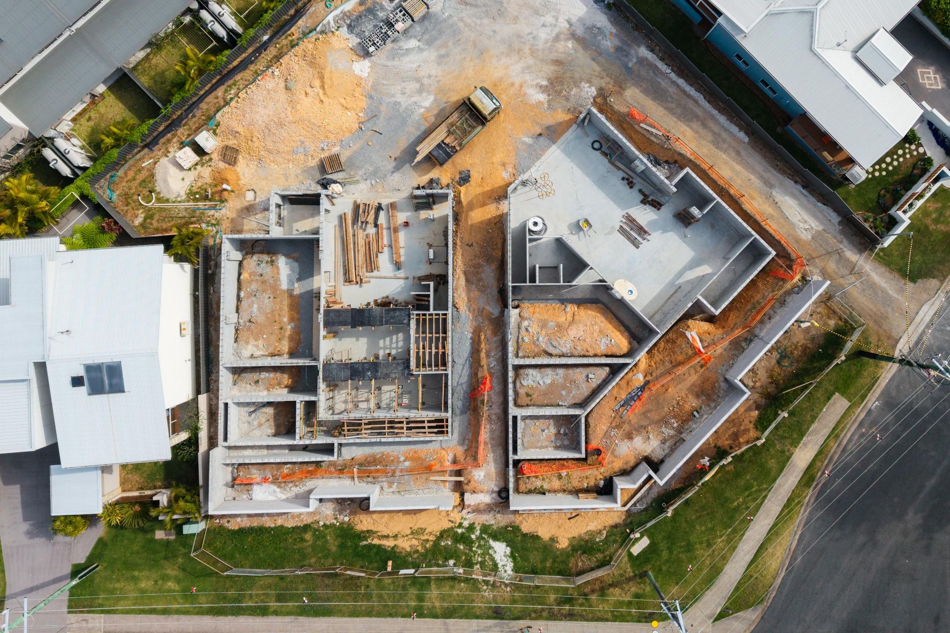 Aerial View of A Building's Construction Site with Concrete Foundations — Millers Masonry In Port Macquarie, NSW