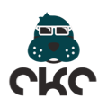 Blue dog-like face wearing glasses above the letters 