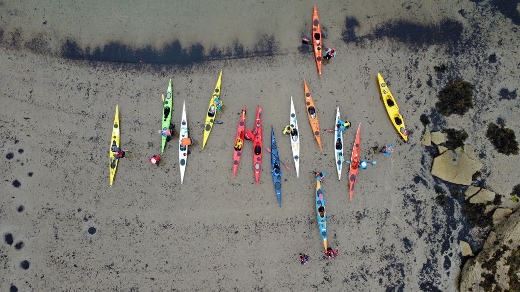 Colorful kayaks on a sandy beach, people paddling. Overhead shot.
