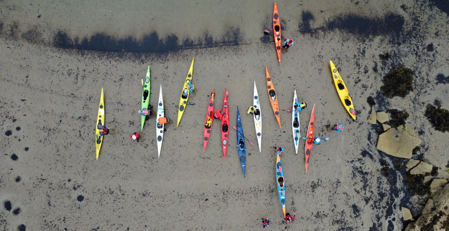 Kayaks line up on a sandy beach. People paddle in colorful boats: yellow, white, blue, and red.