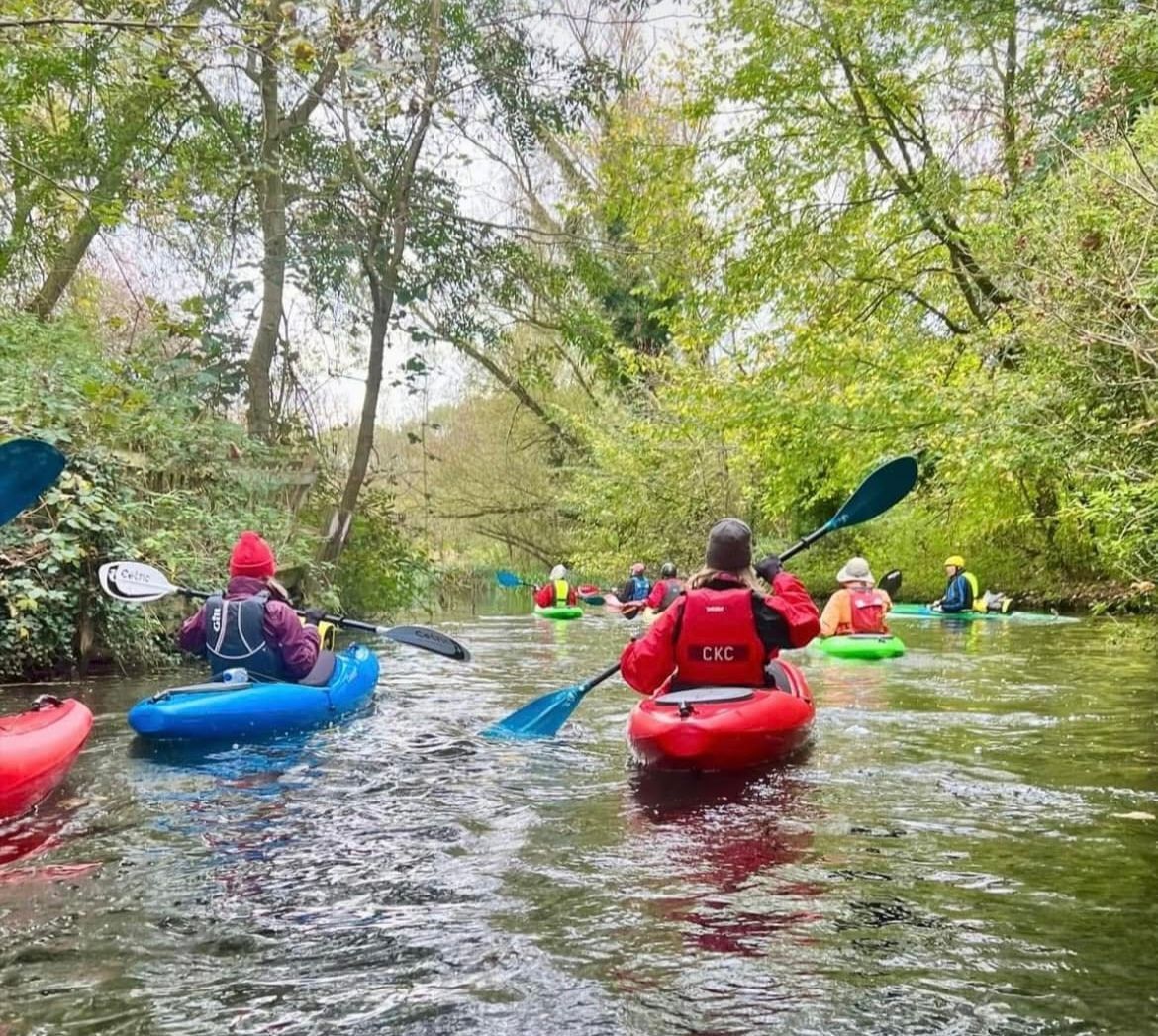 People kayaking on a river surrounded by trees.