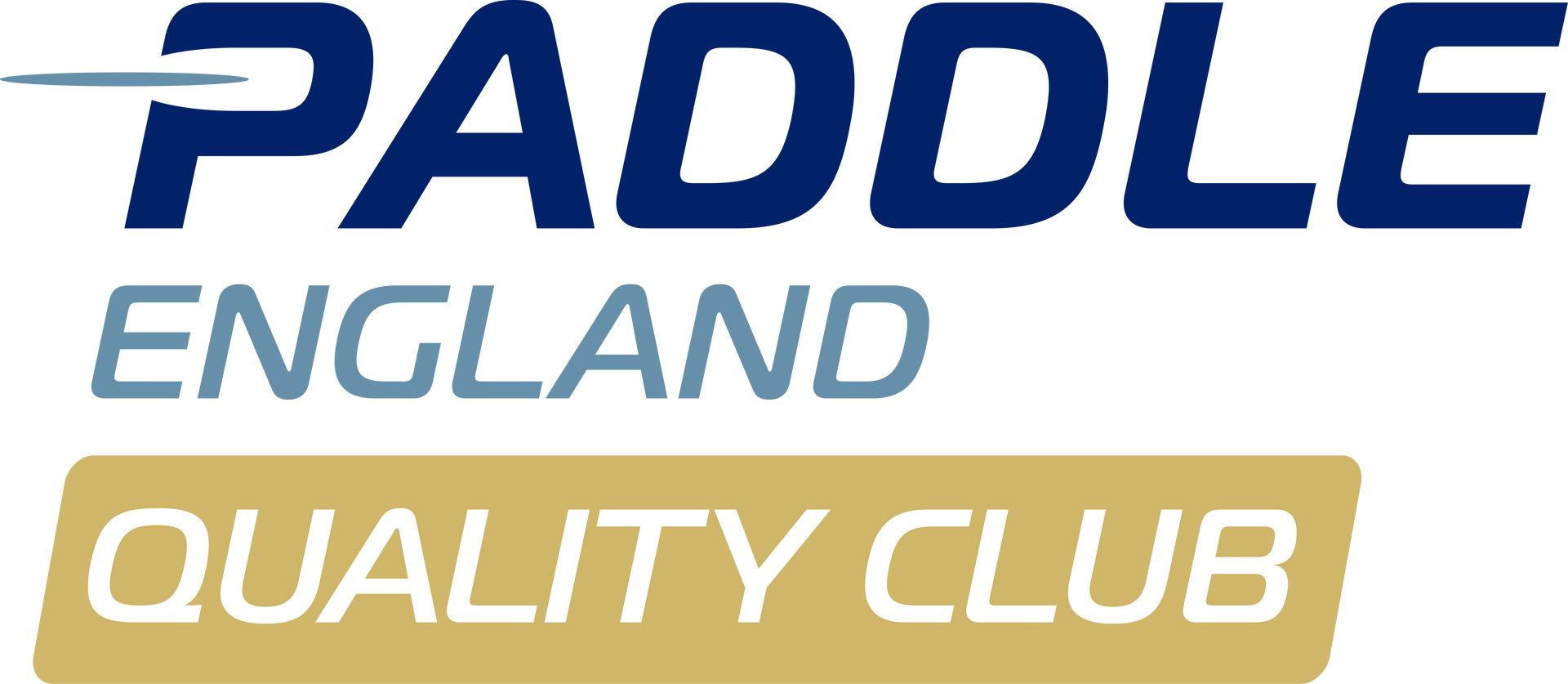 Logo for Paddle England Quality Club. Dark blue text on white background and gold rectangular box.