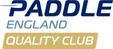 Logo for Paddle England Quality Club. Dark blue text on white background and gold rectangular box.