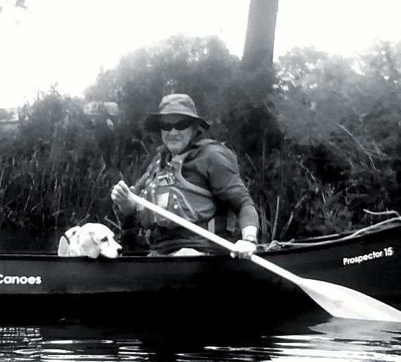 Person paddling a canoe with a dog.