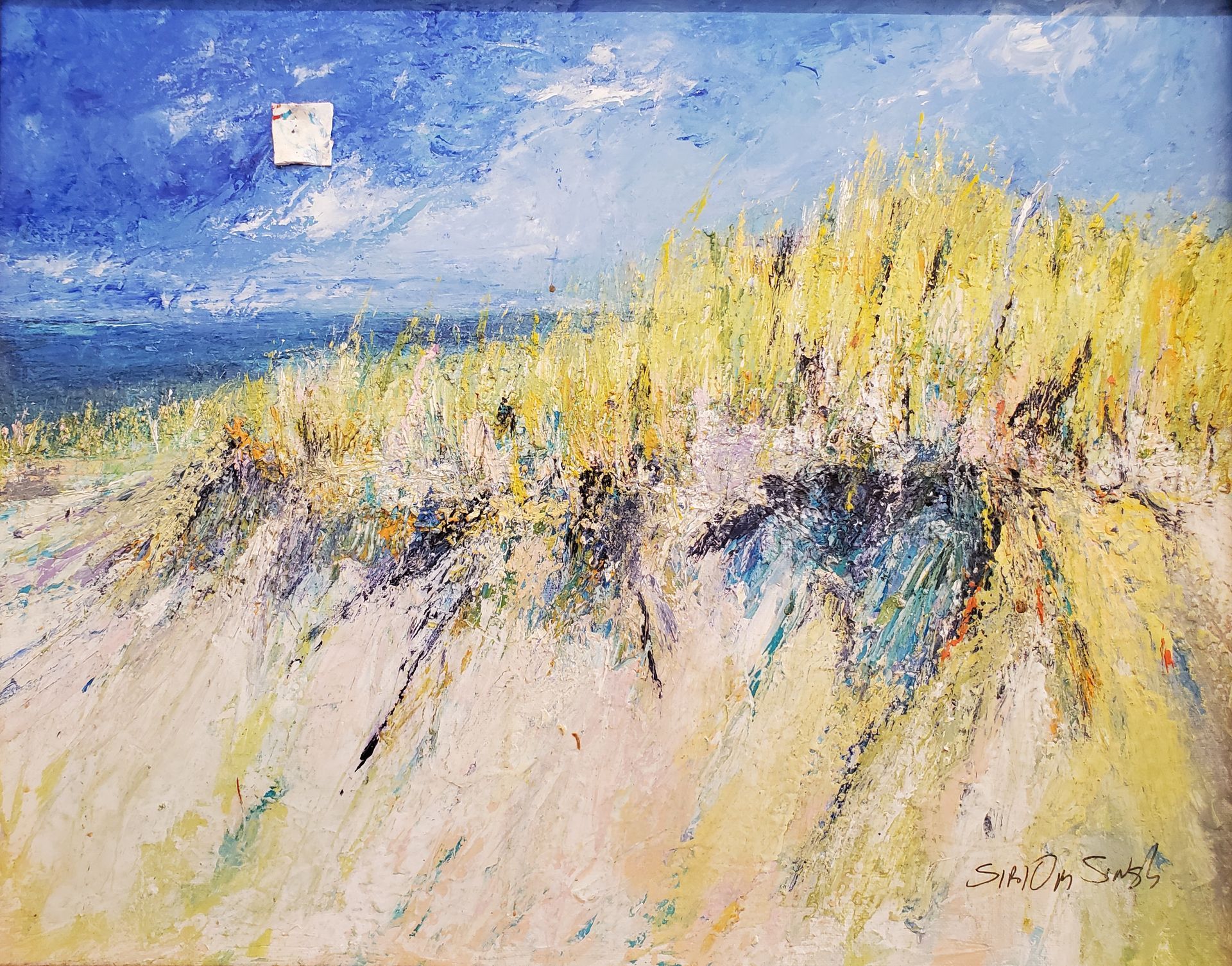 A painting of a sand dune with a blue sky in the background