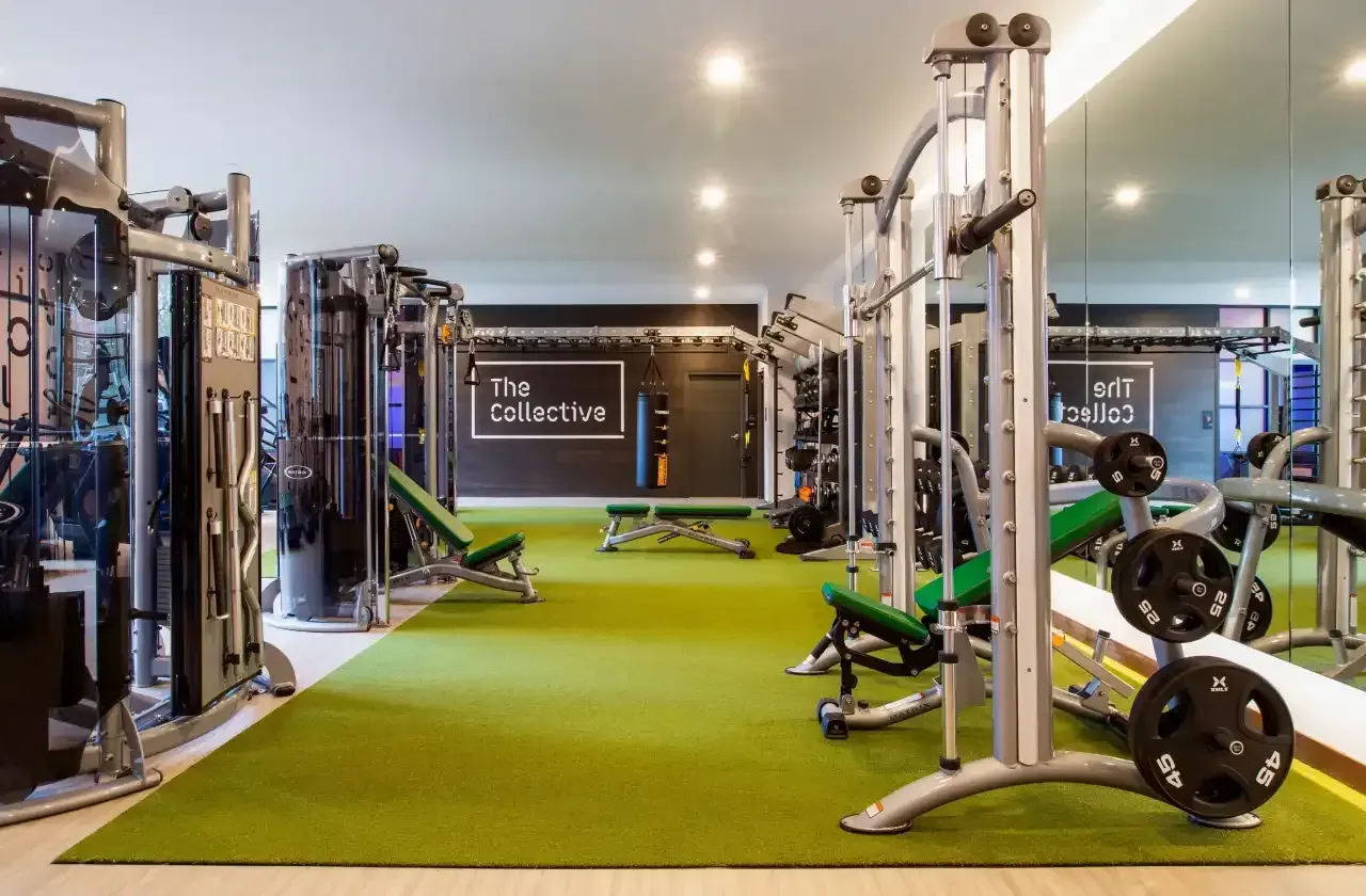 Indoor gym with weight machines, benches, and mirrored walls on green flooring.