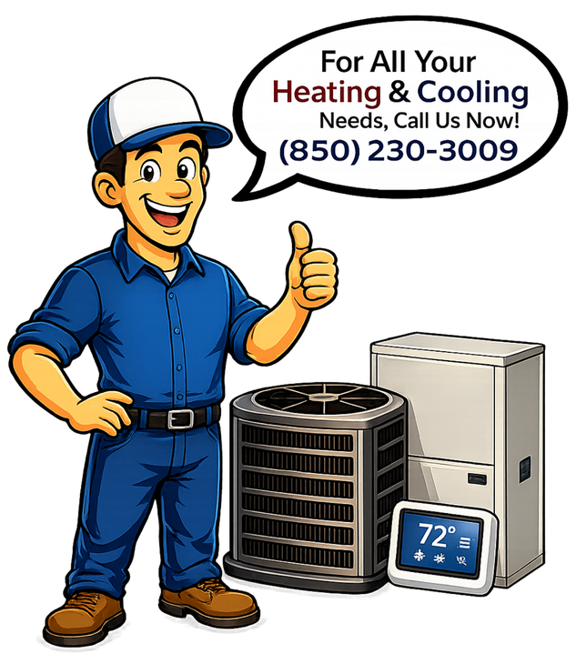 HVAC repair ad with smiling technician, furnace, AC unit, thermostat, and phone number
