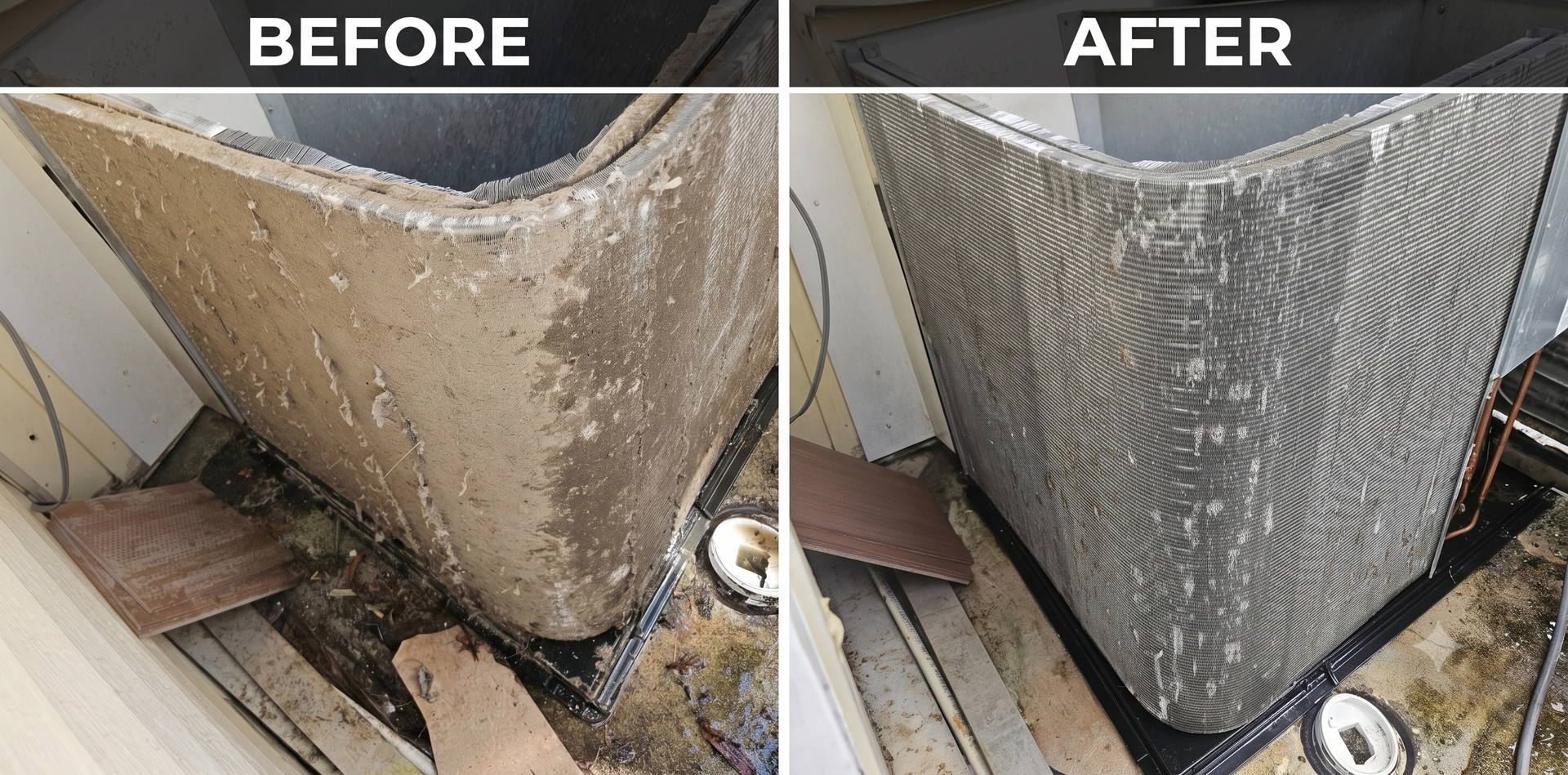 Before-and-after of a dirty outdoor HVAC unit cleaned and restored with a new grille cover