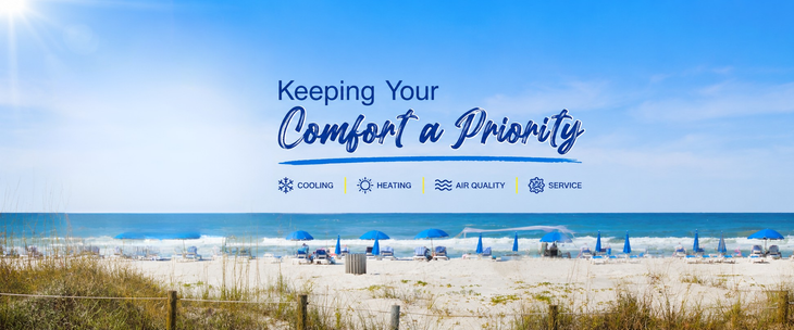 Beachfront resort banner with text “Keeping Your Comfort a Priority” over ocean and dunes