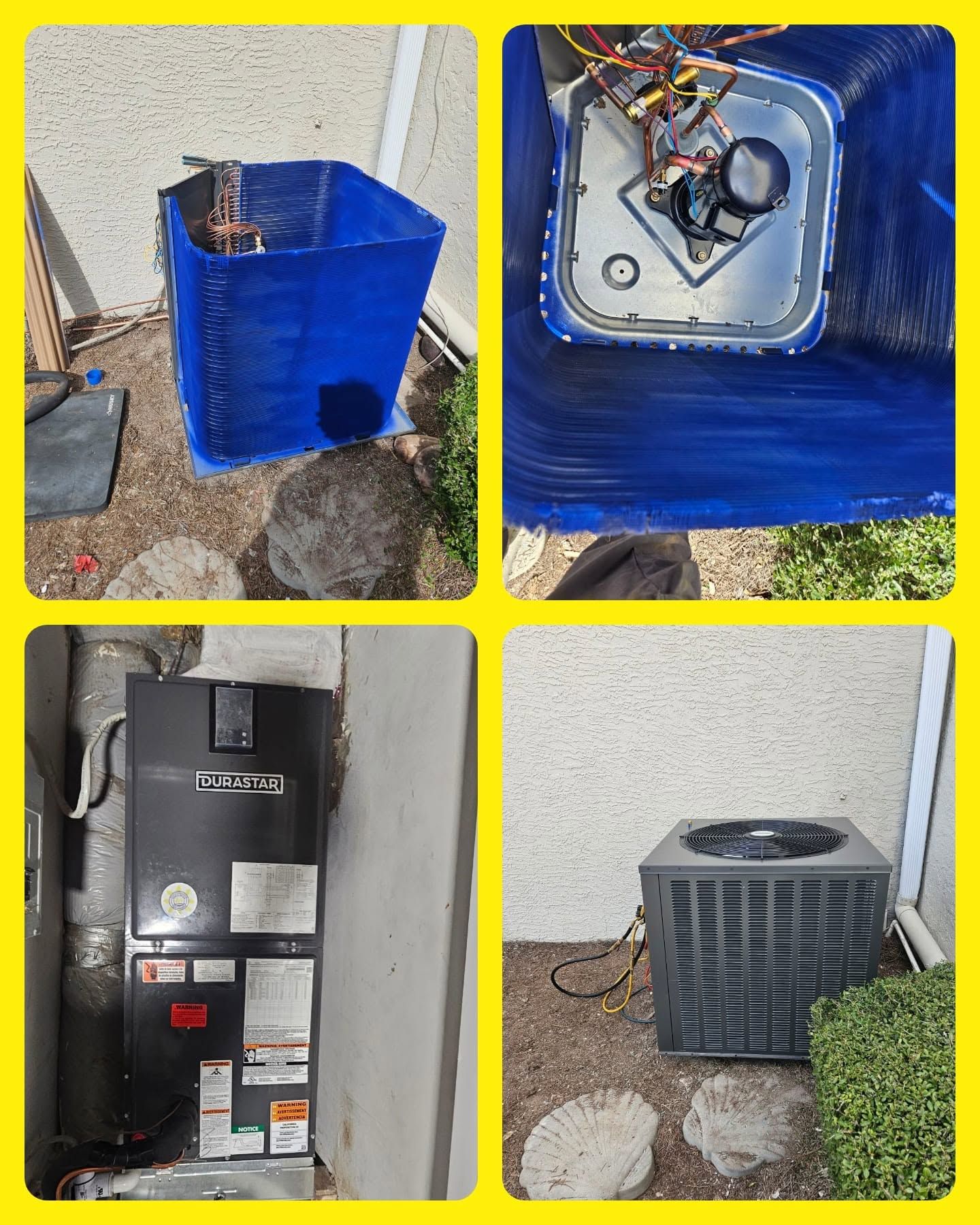 Four photos of HVAC equipment: blue-wrapped unit, open top view, black furnace, and outdoor condenser.