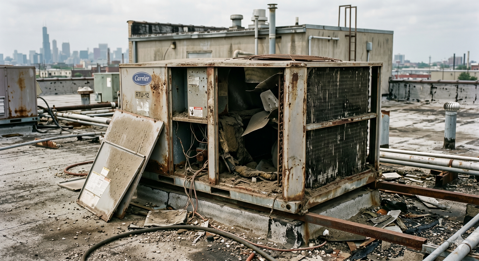 Damaged rooftop HVAC unit amid debris on a destroyed industrial roof, with city skyline in the distance