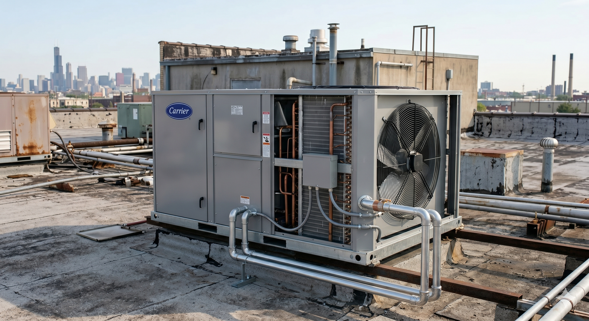 Large HVAC unit on a flat rooftop with city skyline in the background