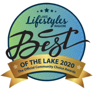 Lake Lifestyles Magazine “Best of the Lake 2020” award badge in blue and gold with ribbon.