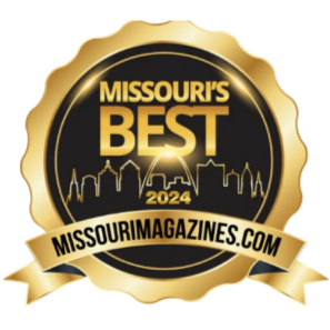 Gold award badge reading “Missouri’s Best 2024” with MissouriMagazines.com banner and city skyline silhouette