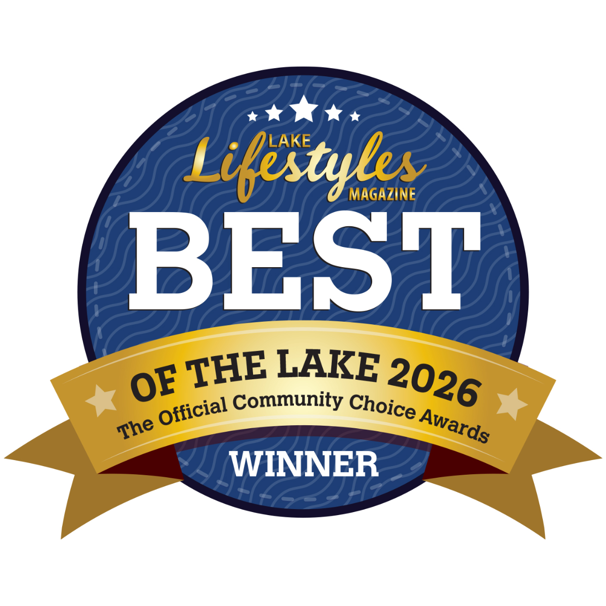 Blue and gold award badge reading “Best of the Lake 2026 Winner” with Lake Lifestyles logo