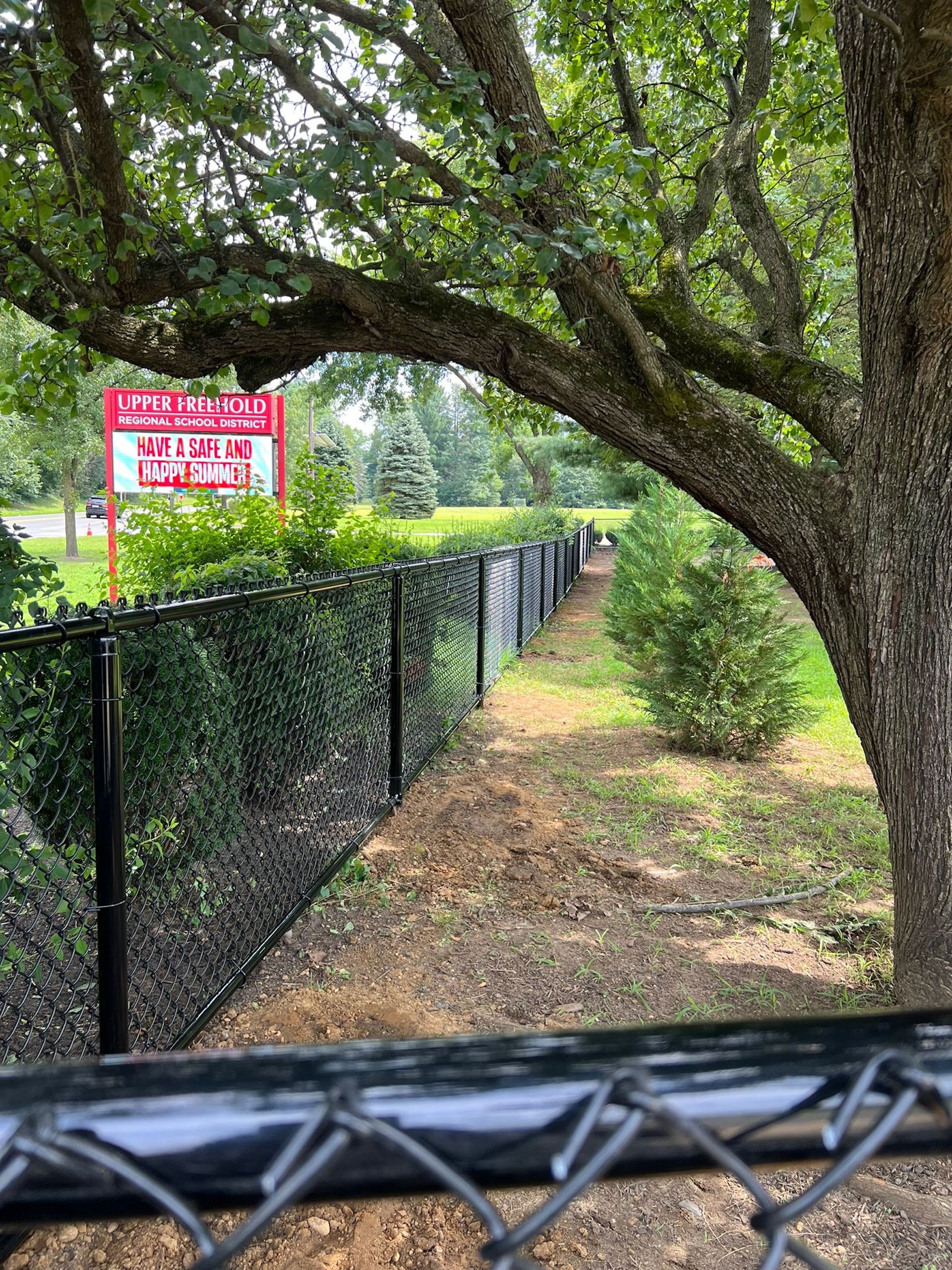Black chain-link fence, a path with bushes, under a tree. A sign is visible in the background.