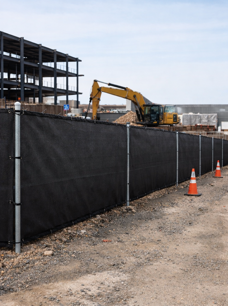 Construction site with black privacy fence, excavator, and steel framework.