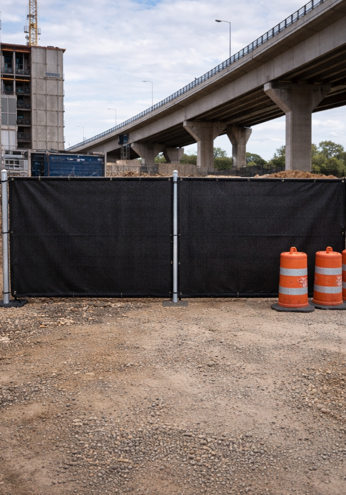 Construction site with black privacy fence, orange traffic cones, and highway overpass.