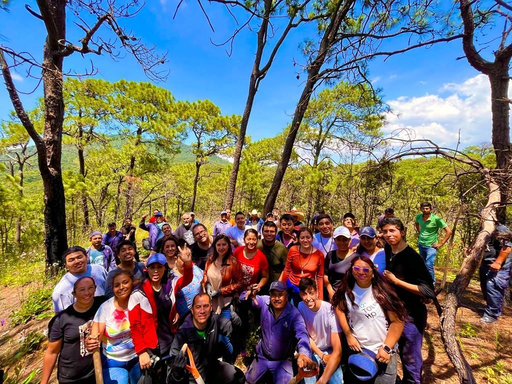un grupo de personas posando para una foto en un bosque