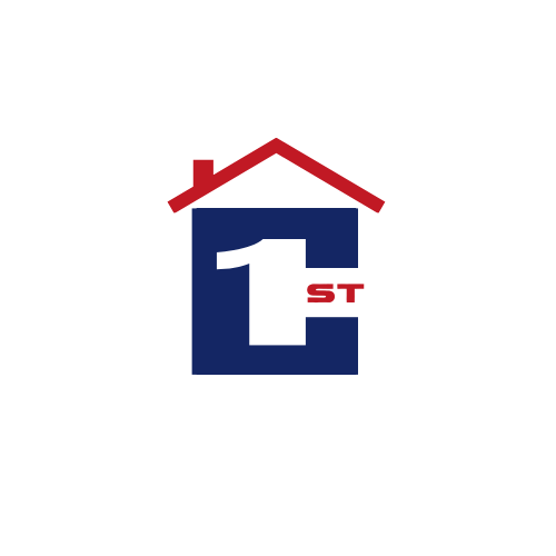 A blue and red logo for a roofing company.