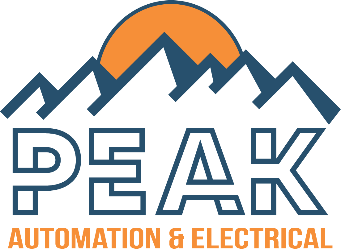A blue and orange logo for peak automation and electrical
