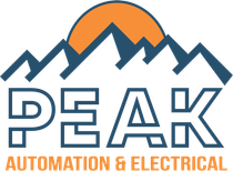 A blue and orange logo for peak automation and electrical