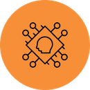A line drawing of a head in a square with a circle around it.