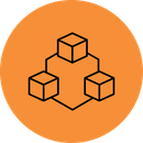A line drawing of three cubes connected to each other on an orange background.