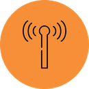 A line drawing of a radio antenna in an orange circle.